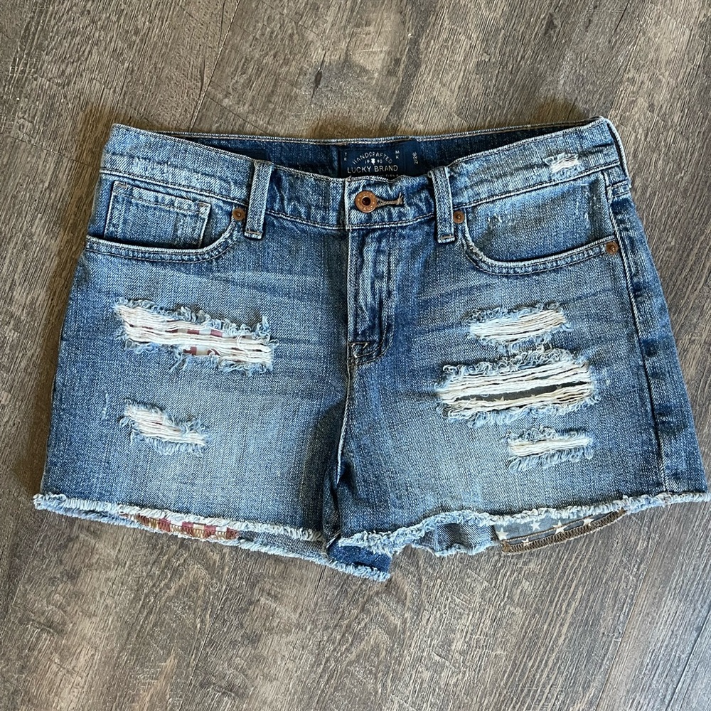 Lucky Brand Stars & Stripes Malibu high rise distressed shorts